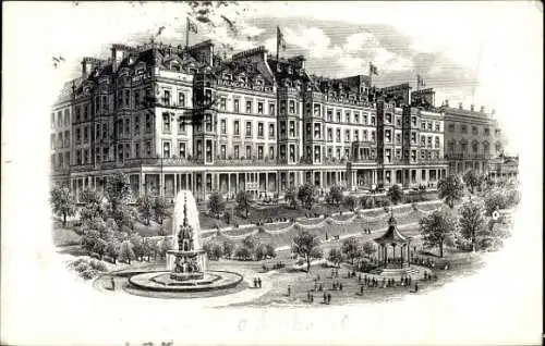 Ak Edinburgh Schottland, Balmoral Hotel, Brunnen, Gartenanlage, Menschen, Architektur