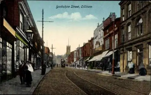 Ak Oldham North West England, Yorkshire Street, alte Straßenansicht, Menschen, Geschäfte, Stra...