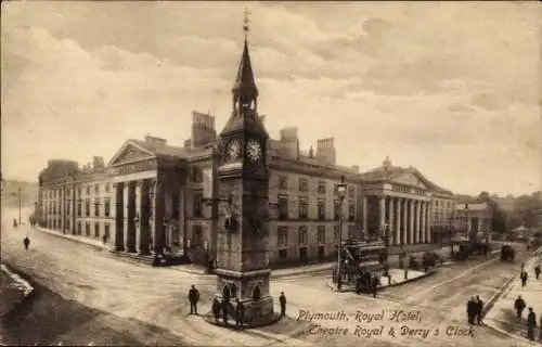 Ak Plymouth Devon England, Royal Hotel, Theatre Royal, Derry's Clock, alte Architektur, histor...