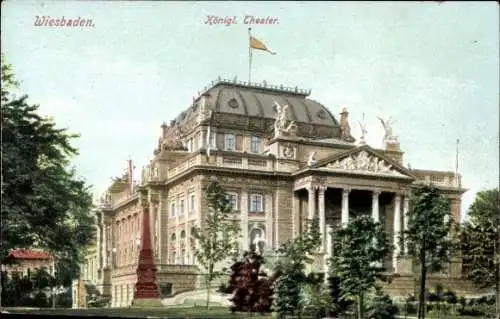Ak Wiesbaden in Hessen, Königliches Theater in  schöne Architektur, Baumgruppen, Flagge