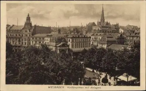 Ak Wiesbaden in Hessen, Kochbrunnen, Stadtansicht, markante Gebäude, Bäume, Wolken