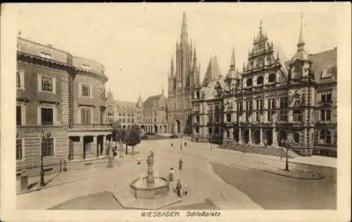 Ak Wiesbaden in Hessen, Schlossplatz, historische Gebäude, Brunnen, Menschen
