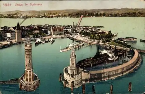Ak Lindau am Bodensee Schwaben,  Hafenansicht, Leuchttürme, Schiffe