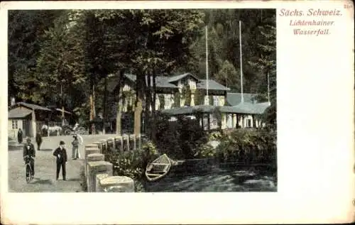 Ak Lichtenhain Sebnitz Sächsische Schweiz, Lichtenhainer Wasserfall, Gebäude, Personen, Fahrrad