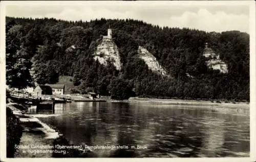 Ak Bad Karlshafen an der Weser, Dampferanleger mit Blick zur Hugenottenburg