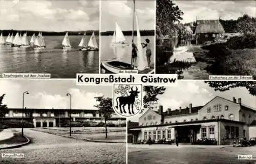 Ak Güstrow in Mecklenburg, Segelregatta auf dem Inselsee, Kongreßhalle, Fischerhaus, Bahnhof