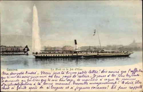 Ak Genève Genf Schweiz, Hafenansicht, Jet d'Eau, Dampfer