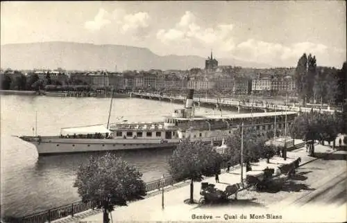 Ak Genf Stadt Schweiz, Schiff im Hafen, Quai du Mont-Blanc, Stadtansicht, Berge im Hintergrund