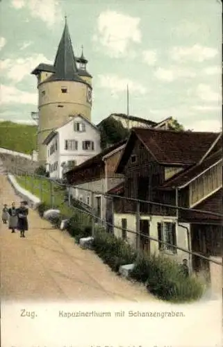 Ak Zug Stadt Schweiz, Kapuzinerthurm, Schanzengraben, historische Architektur, Spaziergänger