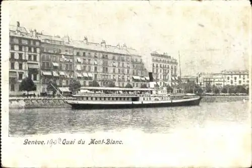Ak Genf Stadt Schweiz, Schiff im Hafen, Quai du Mont-Blanc, historische Bauten, ruhige Wasserf...