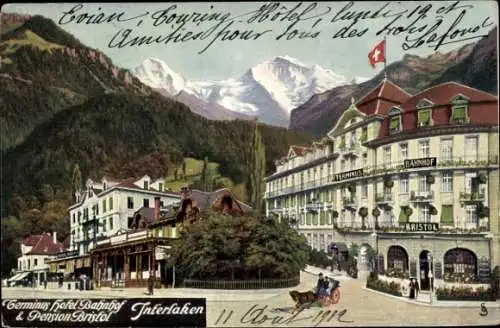 Ak Interlaken Kt. Bern Schweiz, Terminus Hotel Bahnhof, Pension Bristol