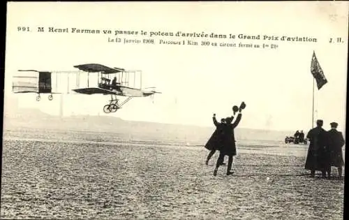 Ak Flugpionier Henri Farman, Flugzeug, Grand Prix d'aviation 1908