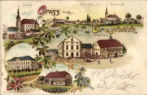 Litho Crostwitz in der Oberlausitz, Panorama mit Kirche, Schule, Pfarre, Geschäftsgebäude