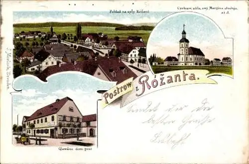 Litho Ralbitz Rosenthal Oberlausitz, Gesamtansicht, Kirche, Gasthaus zur Post