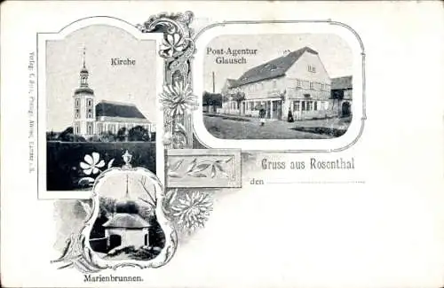 Ak Ralbitz Rosenthal Oberlausitz, Kirche, Marienbrunnen, Post-Agentur Glausch