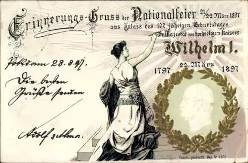Präge Litho Nationalfeier 1897, 100-jähriger Geburtstag Kaiser Wilhelm I, 1797-1897