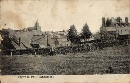 Ak Signy le Petit Ardennes, Schwarz-weiß Foto einer kleinen Ortschaft mit Kirche, Häusern und ...
