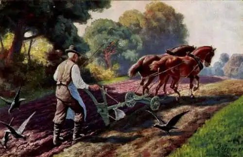Künstler Ak Bauer, Ackerpflug, Arbeitspferde, Vögel, Landwirtschaft