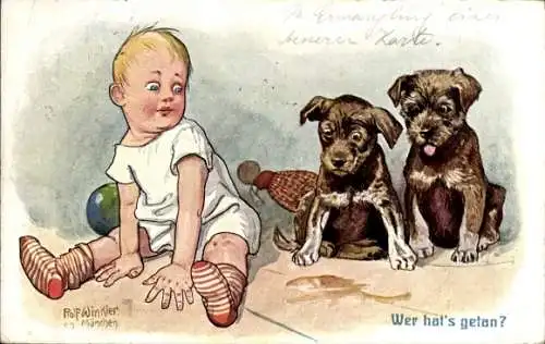 Künstler Ak Winkler, Wer hat hier gepinkelt?, Baby, Hunde