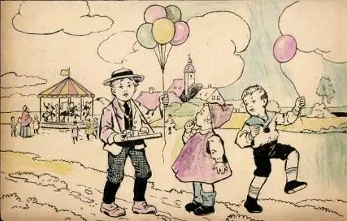 Ak Zwei Jungen mit Ballons, Mädchen, Karussell