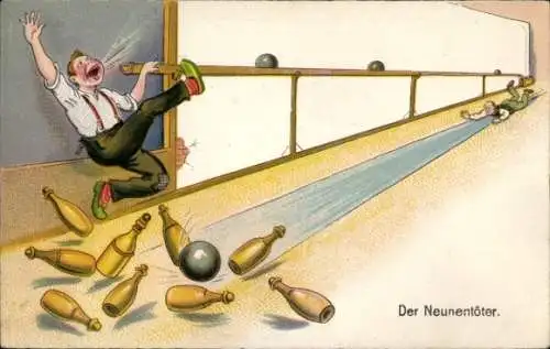 Ak Neunentöter, Mann beim Kegeln