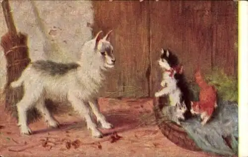 Künstler Ak Kleine Ziege mit drei Hauskatzen, Besen