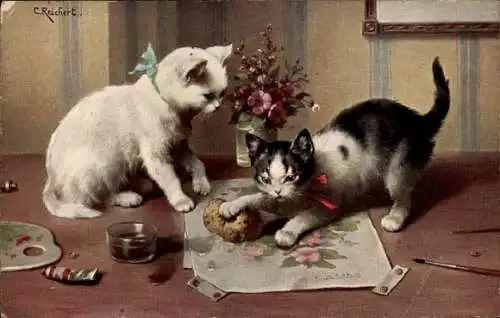 Künstler Ak Reichert, C., verspielte Katzen, Stroefer 1698