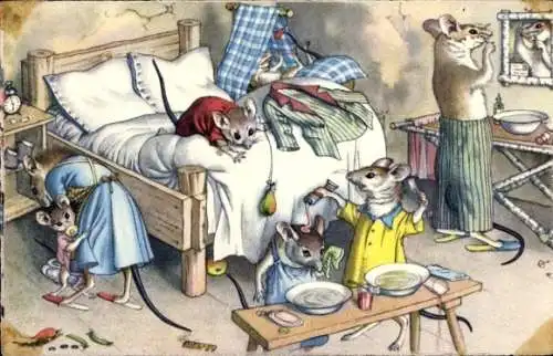 Ak Vermenschlichte Mäuse, Wohnhaus, Maus beim Rasieren