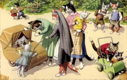 Ak Vermenschlichte Katzen, Spielzeug, Kinderwagen, Park