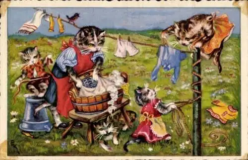 Künstler Ak Hauskatzen bei der Wäsche, Mutter, Kinder, Kleidung