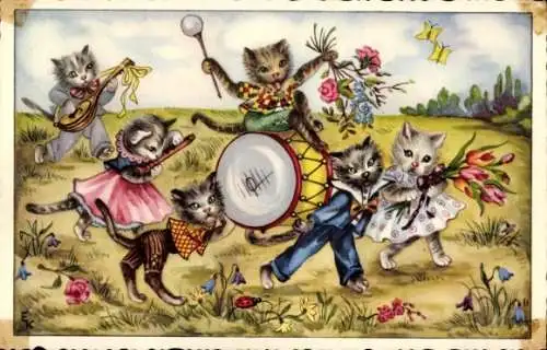 Künstler Ak Musizierende Katzen, Trommel, Blumen