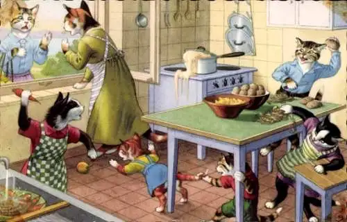 Ak Vermenschlichte Katzen, Kinder spielen in der Küche