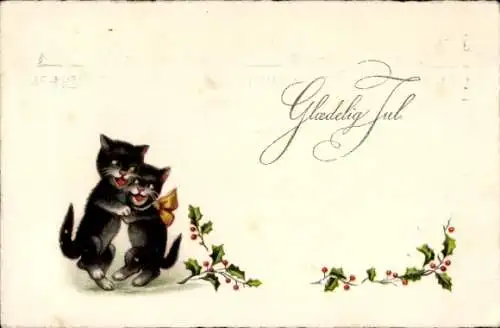 Ak Glückwunsch Weihnachten, Tanzende Katzen, Stechpalme