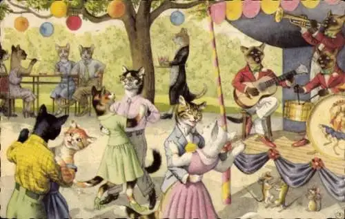 Ak Katzen feiern ein Fest, Tanzen, Musikband, Mäuse, Gartenparty