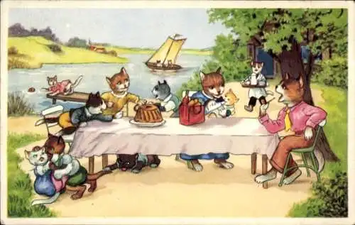 Ak Vermenschlichte Tiere, Katzen am Tisch, Kuchen