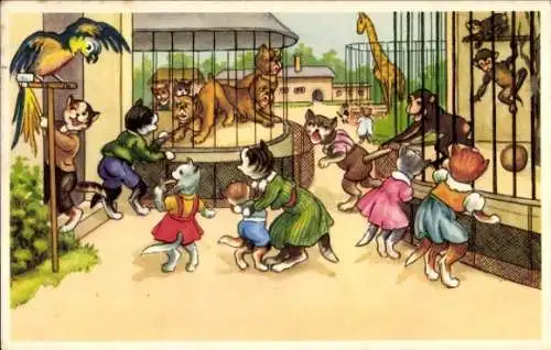 Ak Vermenschlichte Tiere, Katzen im Zoo