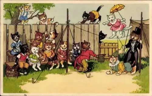 Ak Vermenschlichte Katzen, Akrobaten, Seiltanz