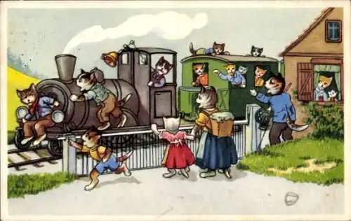 Ak Vermenschlichte Tiere, Katzen, Eisenbahn, Abschied