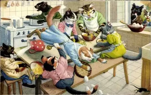 Ak Vermenschlichte Tiere, Katzen in der Küche, Jagd, Maus