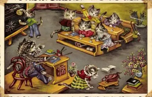 Künstler Ak Vermenschlichte Tiere, Katzen in der Schule, Unterricht