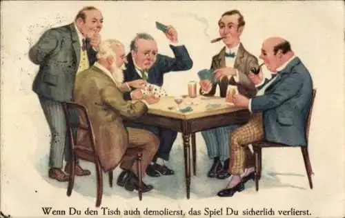 Ak Männer sitzen am Tisch und spielen Karten, Zigarette, Bier