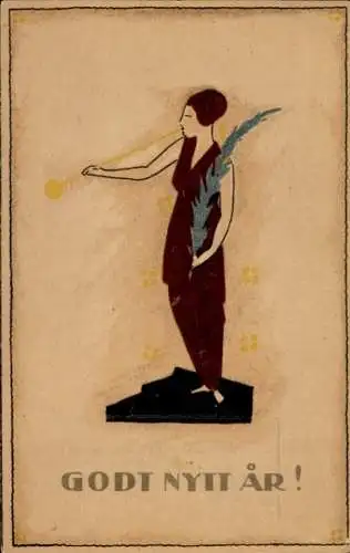 Ak Glückwunsch Neujahr, Junge Frau, Feder, Trompete