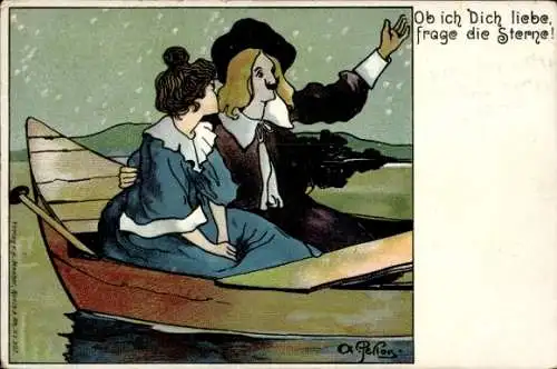 Künstler Ak Liebespaar in einem Ruderboot