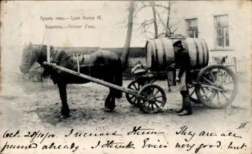 Ak Russische Tracht, Wasser-Transport, Pferd, Fass