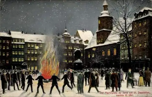 Studentika Ak Jena in Thüringen, Marktplatz am 31. Dezember, Lagerfeuer, Denkmal