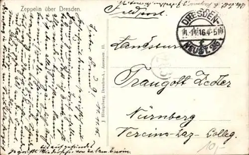 Ak Dresden Altstadt, Zeppelin über Stadt