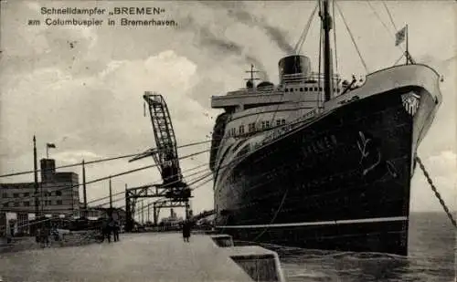 Ak Schnelldampfer Bremen am Columbuspier in Bremerhaven, Bugwappen, NDL