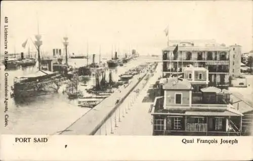 Ak Port Said Ägypten, Quai Francois Joseph, Suezkanal, Kriegsschiffe und Dampfschiffe, Hafen