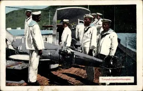 Ak Österreichisches Kriegsschiff SMS Trabant, Torpedolanzierübungen, 7cm Heckgeschütz