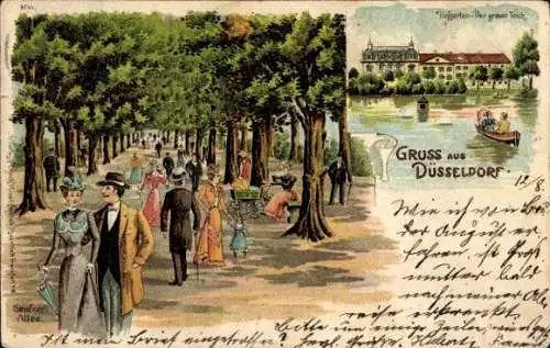 Litho Düsseldorf am Rhein, Hofgarten, Großer Teich, Seufzer-Allee